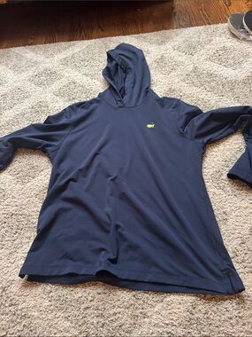 Kids Navy Hooded Performance Pullover with Small Green Logo